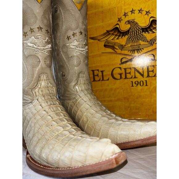 El General Cowboy Boots Exotic Leather Ivory Croc Back Mens Sz 6.5 - Picture 4 of 11
